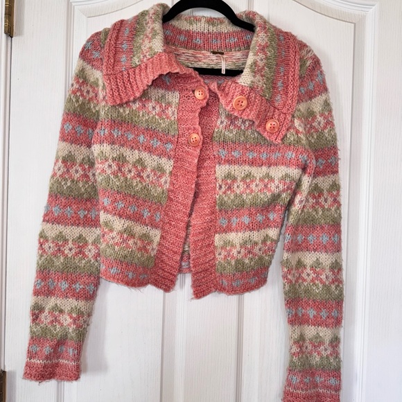 Free People Wool Blend Pastel Fair Isle Cardigan Pink Cream Size Medium - Picture 1 of 9